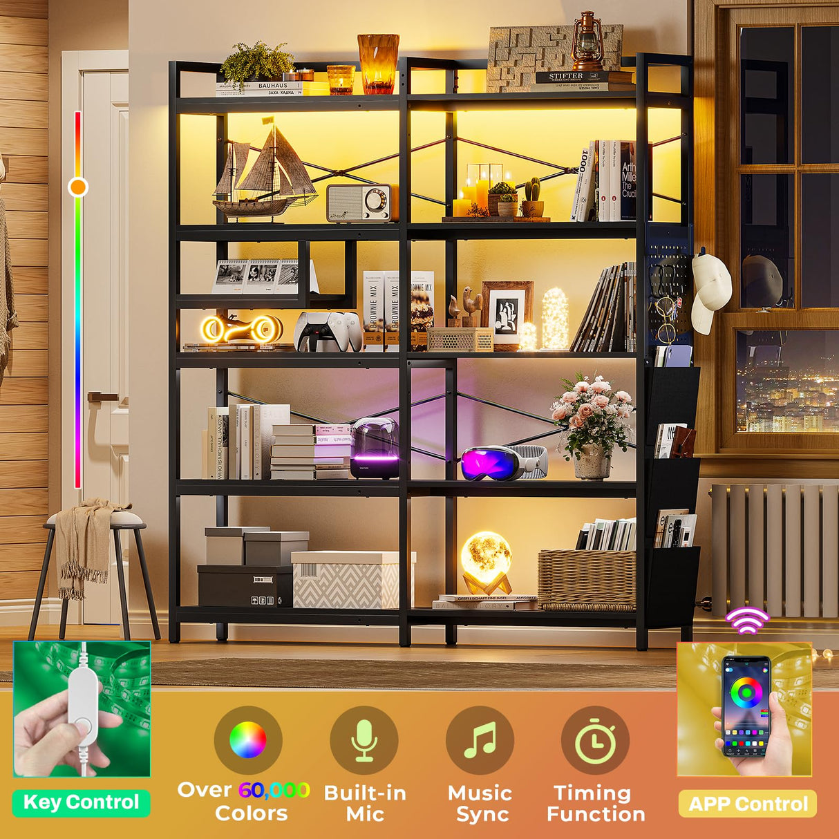 Itaar 5-Tier Convertible Corner Bookshelf with LED Light, Pegboard & Storage – Black Itaar