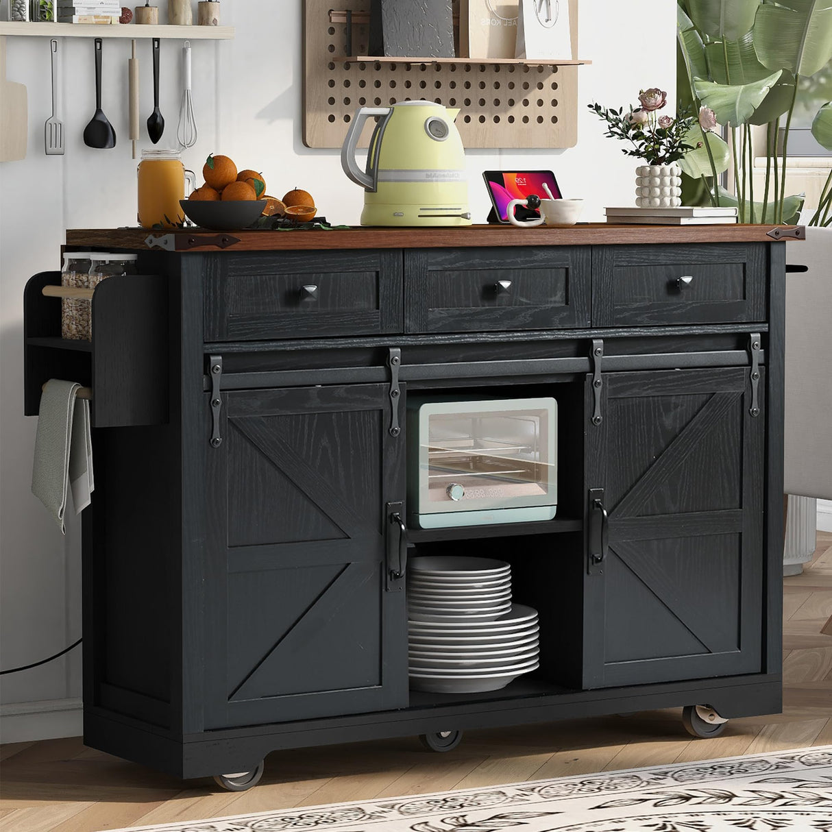 Amposei Farmhouse Kitchen Island on Wheels with Drop Leaf & Power Outlet, 53.7-Inch Rolling Storage Island Cart Breakfast Bar with Drawers, Sliding Barn Door Cabinets, Spice Rack (Black) Amposei