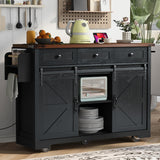 Amposei Farmhouse Kitchen Island on Wheels with Drop Leaf & Power Outlet, 53.7-Inch Rolling Storage Island Cart Breakfast Bar with Drawers, Sliding Barn Door Cabinets, Spice Rack (Black) Amposei