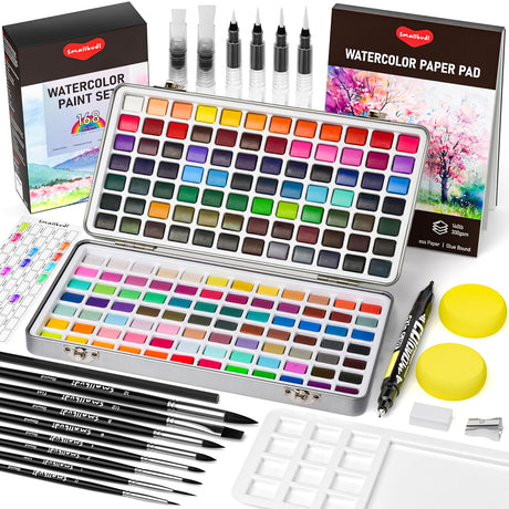 Smallbudi Watercolor Paint Set 168 Colors Including Metallic, Watercolor Kit with Case, Watercolor Paper, Paint Brushes, Palette and Accessories, Water Color Art Supplies Gift for Adults Kids Artists Smallbudi