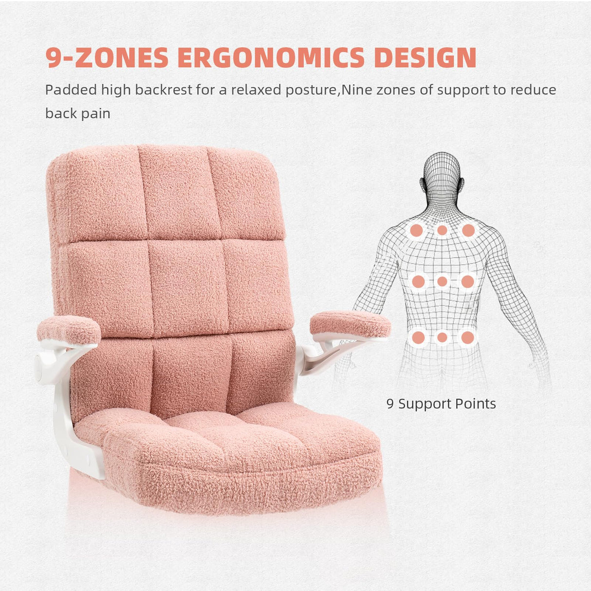 SEATZONE Home Office Chair Ergonomic Executive Desk Chair Comfortable Computer Chair with Flip-up Arms,Faux Fur Chair with Lumbar Support,Pink SEATZONE