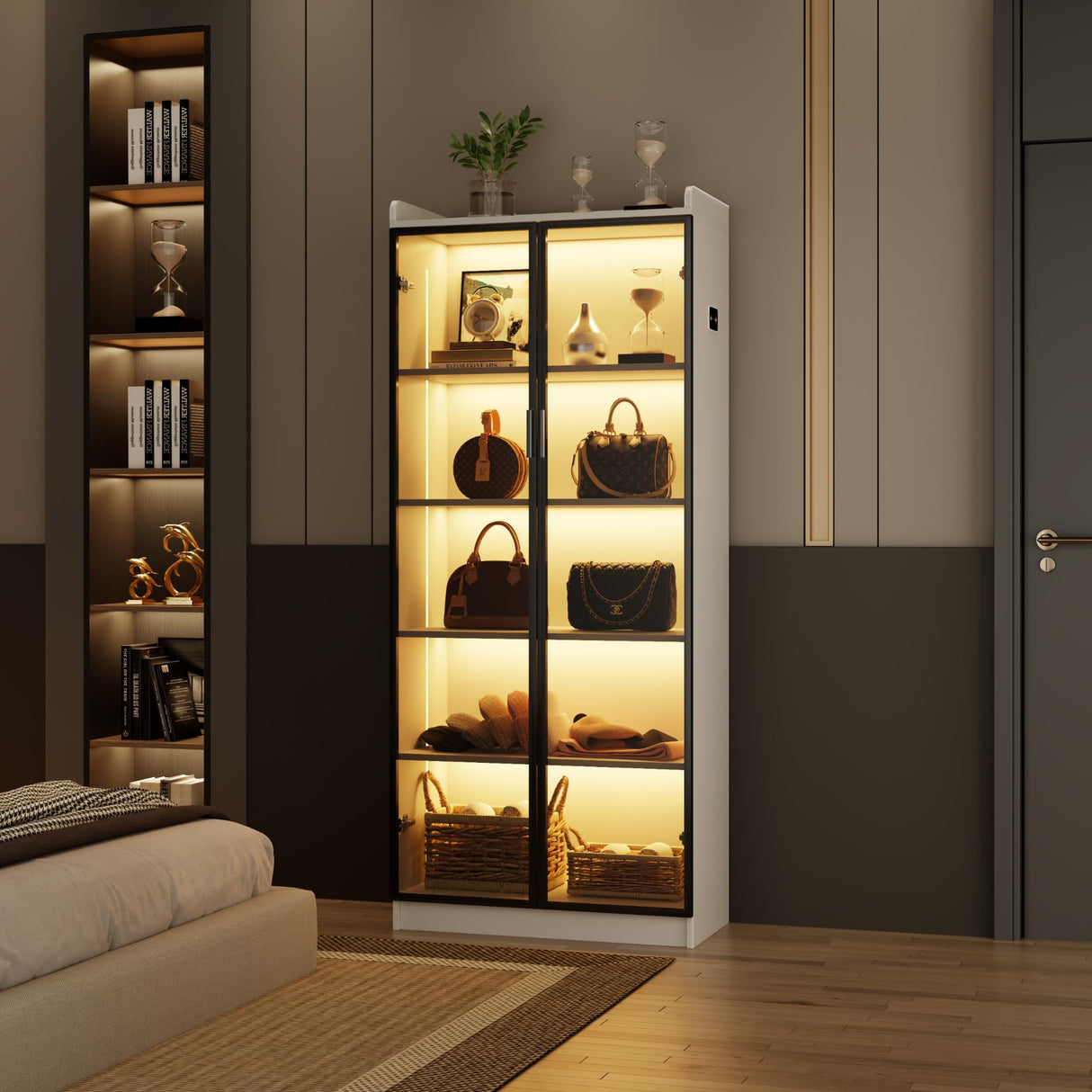 Storage Cabinet with Doors Adjustable Shelves - 65" White Tall Kitchen Pantry Organizer with Metal Handle/LED Lights/Human Sensor - 5 Tier Display Bookcase for Bedroom Living Room Office Dystler