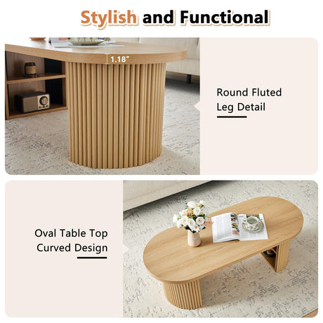 Oval Fluted Coffee Table, 47" Farmhouse Wood Coffee Table Mid Century Modern Center Table Boho Living Room Tables for Living Room Office,Natural RUSTYER