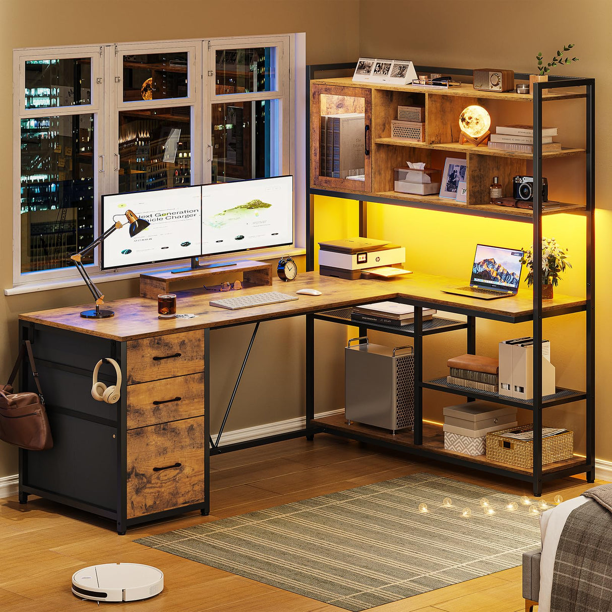 SEDETA L Shaped Computer Desk, 58'' Office Desk with 3 Drawers and Bookshelf, L Shaped Corner Desk with Storage Shelves and LED Light for Home Office, Gaming Desk, L Desk, Rustic Brown SEDETA