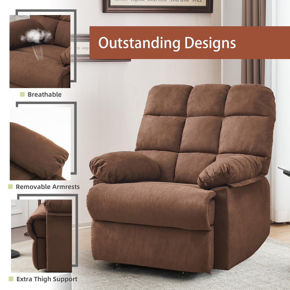 Ketaiyou Rocker Recliner Chair, Overstuffed Manual Rocking Recliner for Adults, Upholstered Comfy Soft Fabric Living Room Reclining Sofa Chair (Brown Fabric) Ketaiyou