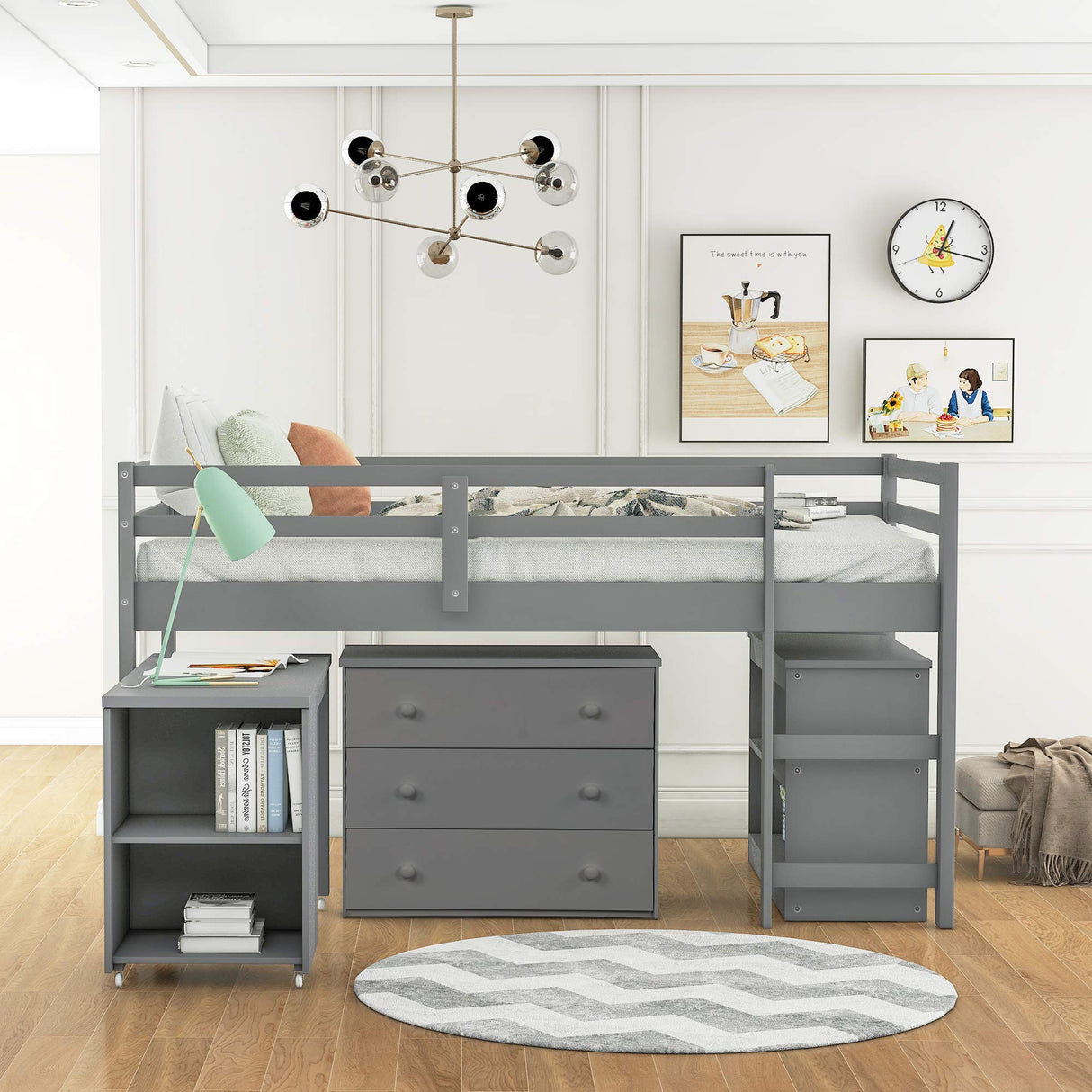 Twin Loft Bed with Desk Low Study Kids Twin Loft Bed with Storage Drawers, Low Loft Bed Twin for Kids Twin Loft Bed with Safety Guard Rails and Bookcase Shelf (Grey, Twin Loft with Desk) Harper & Bright Designs