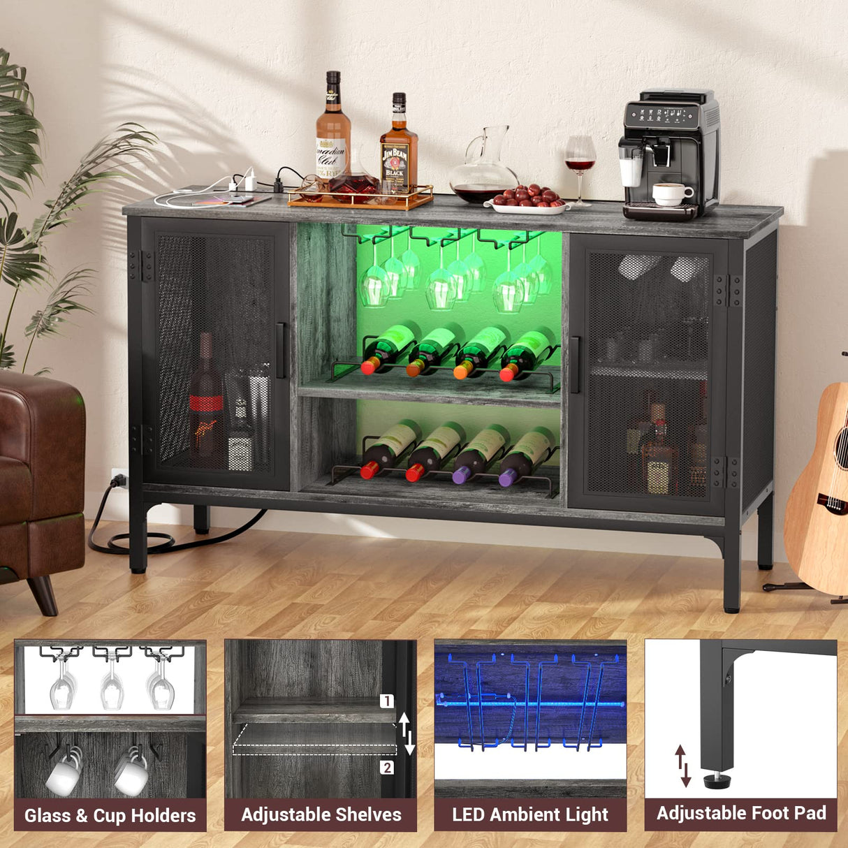 Homieasy Wine Bar Cabinet with Led Lights and Power Outlets, Industrial Coffee Bar Cabinet for Liquor and Glasses, Farmhouse Bar Cabinet with Removable Wine Racks, Black Oak Homieasy