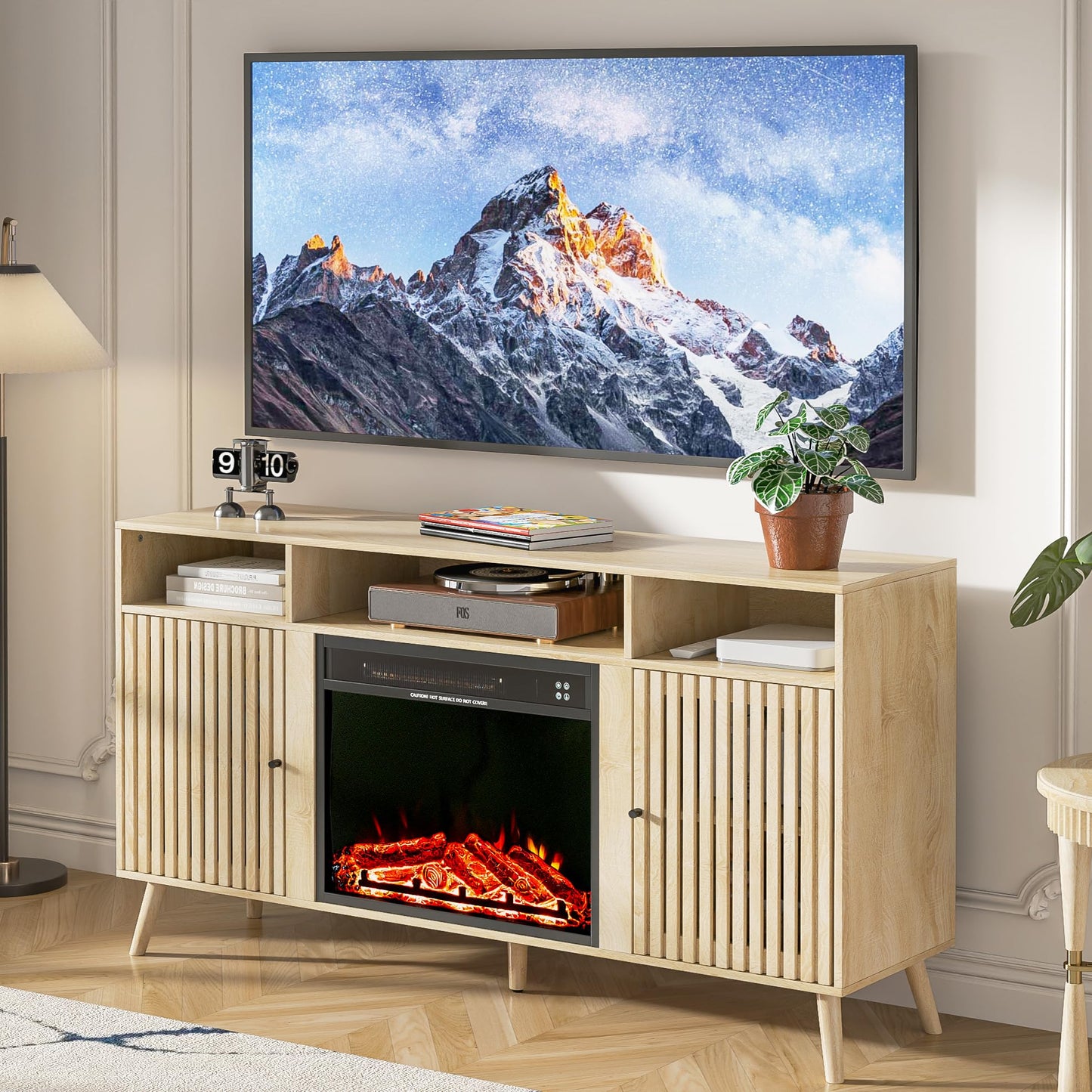 Oubayajia Fireplace TV Stand for Television up to 65 Inch with 23" Electric Fireplace, Fluted TV Stand, Modern Media Console Table with Adjustable Shelves, Entertainment Center for Living Room