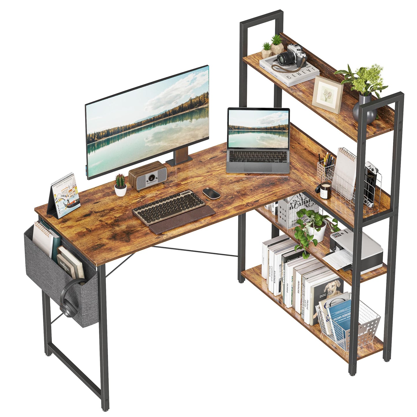 Treesland 47 Inch L-Shaped Computer Desk with Bookshelf and Storage - Brown - WoodArtSupply