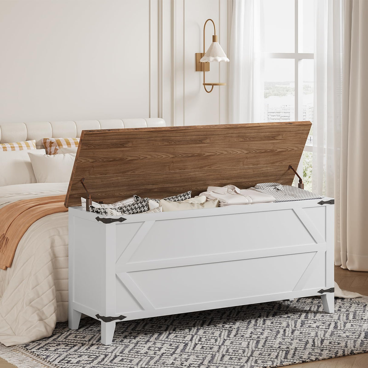 HOOBRO 47.2" Toy Box, Storage Chest with Safety Hinges, Toy Chest Storage, Wooden Storage Bench for Bedroom, Living Room, White and Walnut WH16CW01 HOOBRO