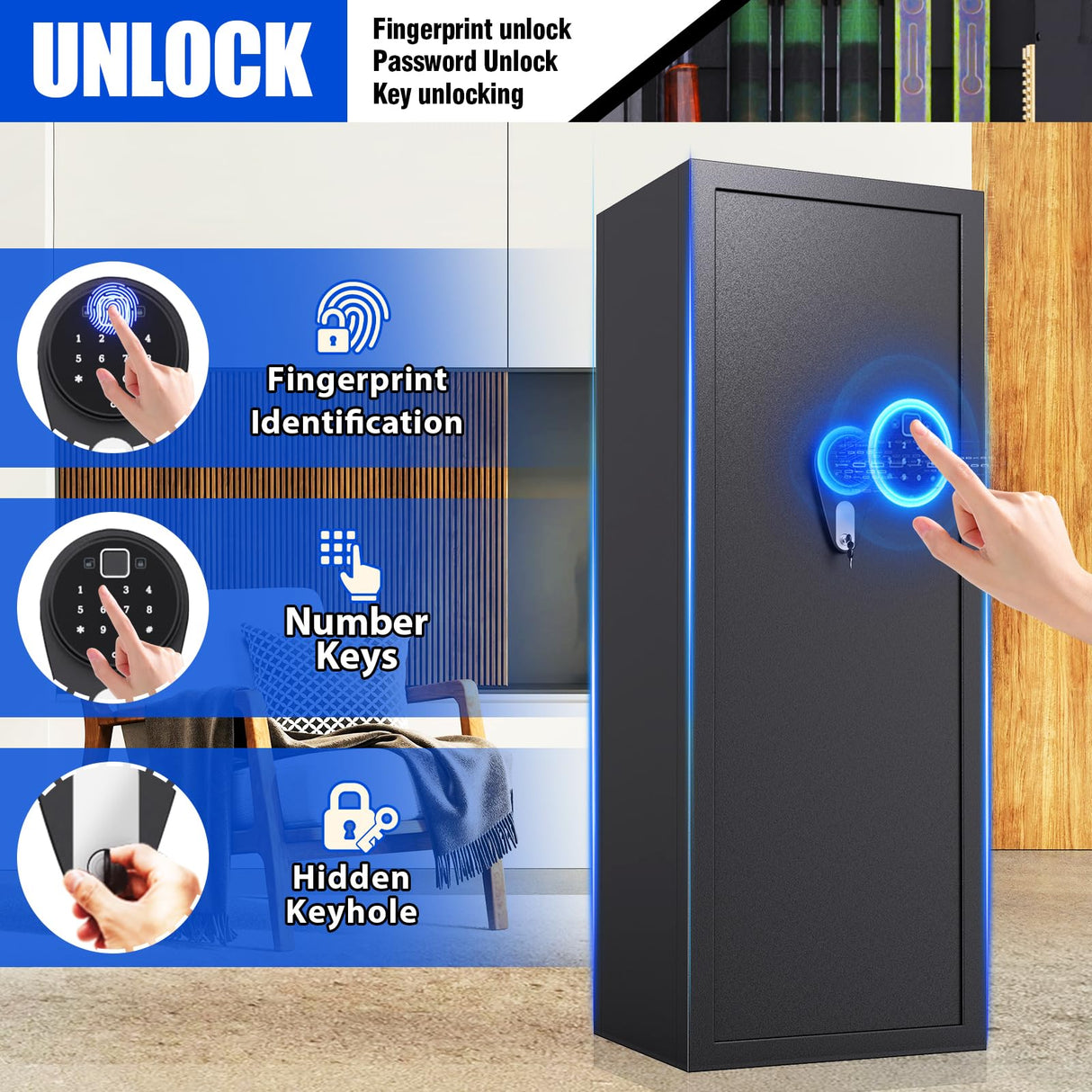 15-18 Gun Safe for Rifles and Pistols,Biometric Fingerprint Lock,Quick-access Biometric Gun Cabinet,Rifle Safe with Removable Shelf, Home Gun Locker Quick install (15.7" D x 17.7" W x 55" H) ZZXCBB