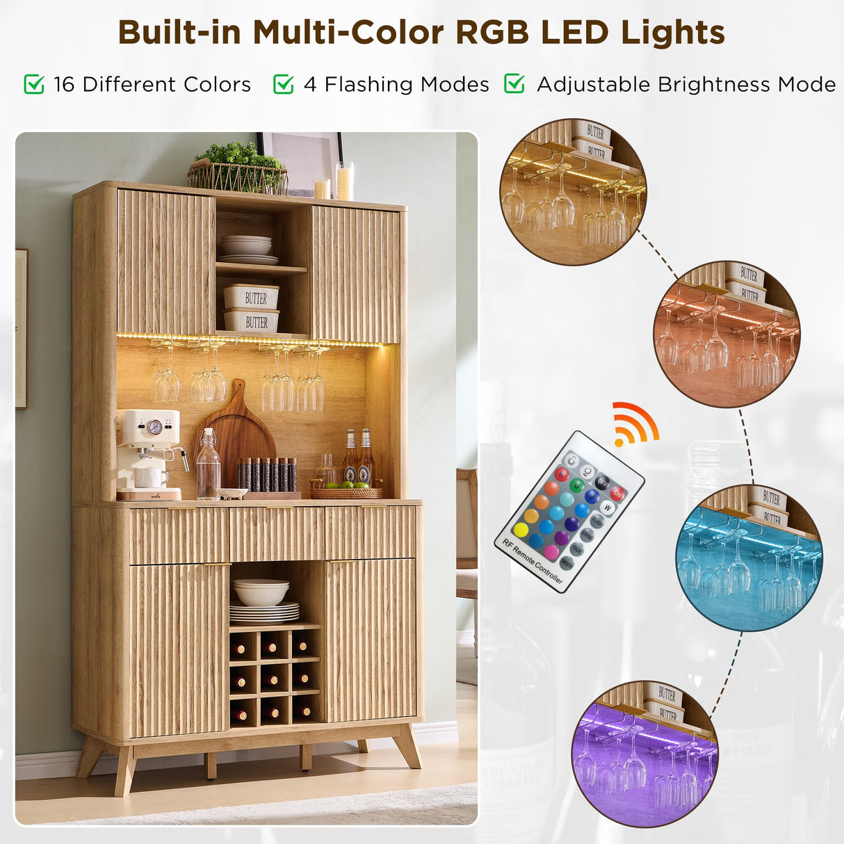 OKD 72" Tall Wine Bar Cabinet with Storage Hutch, Modern Wood Fluted Coffee Bar Cabinet with LED Lights and 10 Tier Storage Shelf & 9 Grid Wine Glass Rack for Home Dining Room Kitchen (Natural Oak) OKD