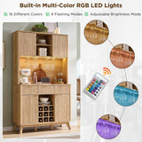 OKD 72" Tall Wine Bar Cabinet with Storage Hutch, Modern Wood Fluted Coffee Bar Cabinet with LED Lights and 10 Tier Storage Shelf & 9 Grid Wine Glass Rack for Home Dining Room Kitchen (Natural Oak) OKD