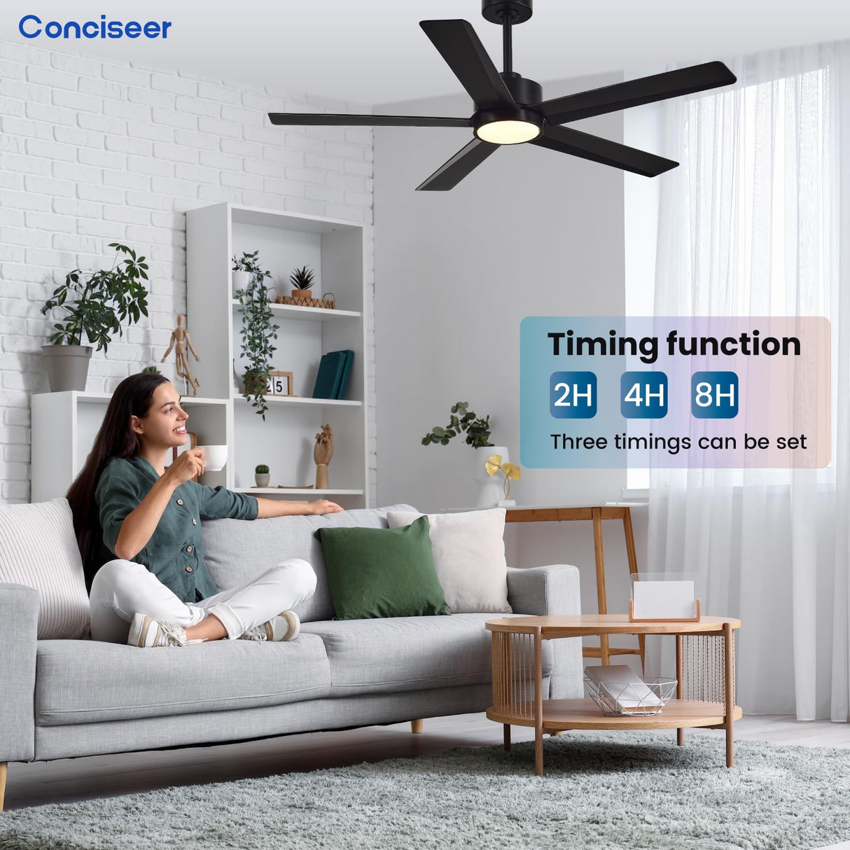 Conciseer Modern Ceiling Fans with Lights,52 Inch Ceiling Fans with Remote for Bedroom Living Room Kitchen, 18W 3CCT Dimmable，5 Blades 6 Speed Reversible Quiet DC Motor Black Conciseer