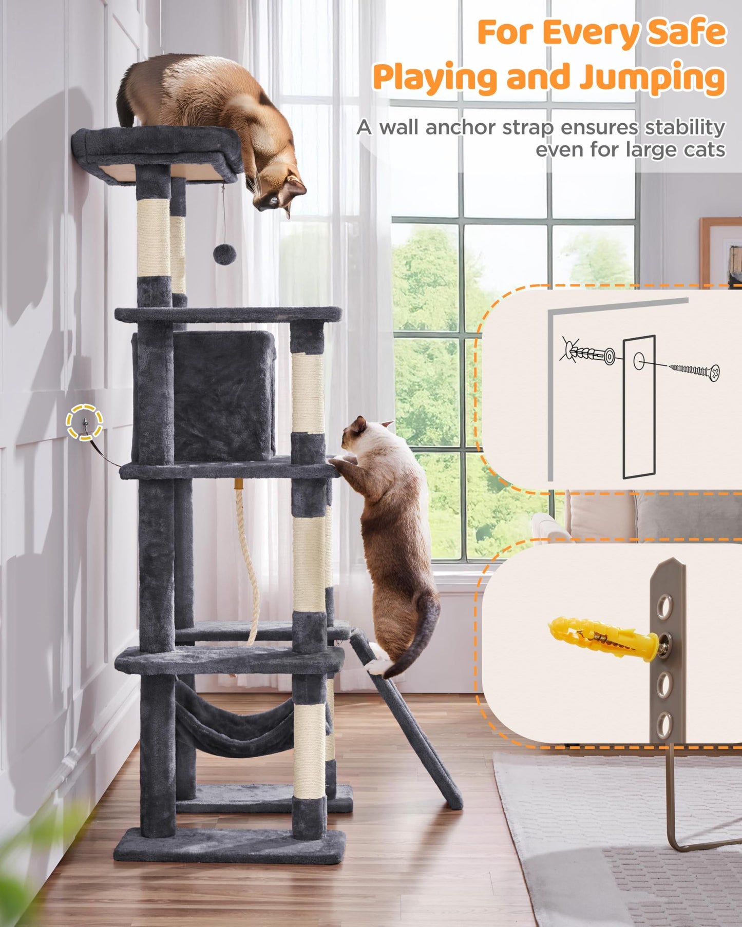 Yaheetech Large Multi-Level Cat Tree, 63 Inches Tall with Sisal-Covered Scratching Posts, Condo, Hammock, Dangling Ball, and Extended Platform for Cats to Play and Sleep