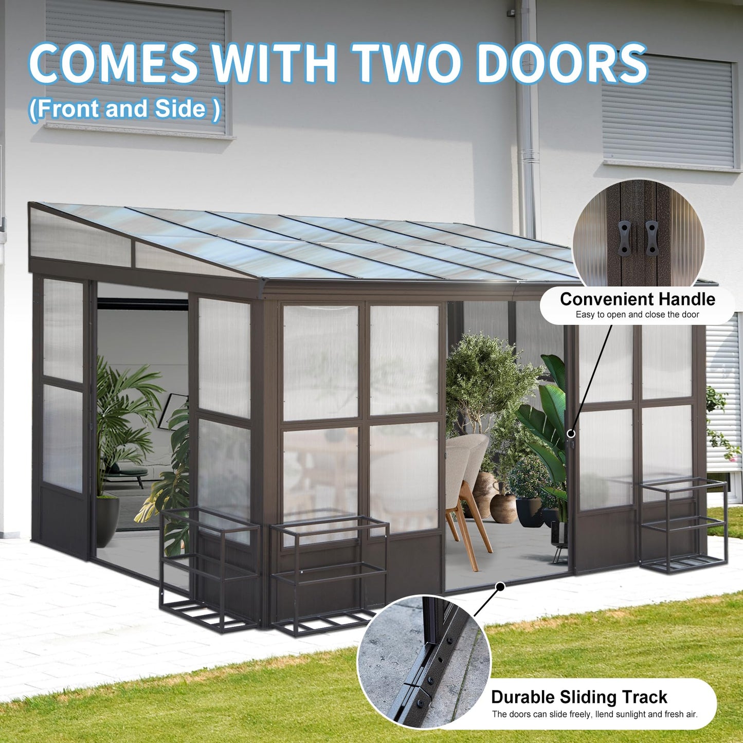 Domi Lean-to Sunroom 10x14FT, Wall Mounted Solarium with Sloping Polycarbonate Roof, Detachable Polycarbonate Screens, 2 Lockable Sliding Doors, Aluminum Gazebo Against Wall Sun Room for Pati - WoodArtSupply