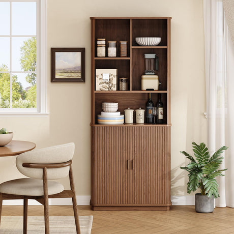 ONBRILL 71" Tall Cube Bookcase, Curved Bookshelf with Storage Cabinet & Adjustable Storage Shelf, Freestanding Wood Bookcase with Sliding Door & Sturdy Pedestal, for Home Office, Living Room, Walnut ONBRILL