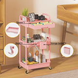 LLMRR 3 Tier Rolling Utility Cart with Drawer, Plastic Storage Organizer Rolling Carts with Wheels Handles Hanging Cups Hooks for Office, Bathroom, Kitchen,Craft Art Room (Pink) LLMRR
