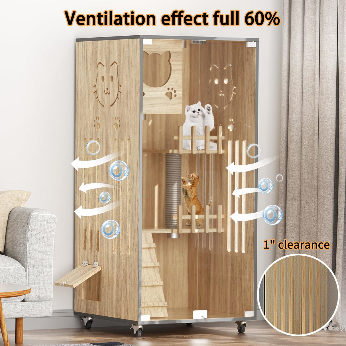 Wooden Cat House Large Space Cat Cage with Scratching Post, Wooden Indoor/Outdoor Cat Enclosure with Wheels, Multi-Feature Luxury Cat Villa for Indoor Cats Ventilation Glass Doors,50" X 24" X 24" HUATOL