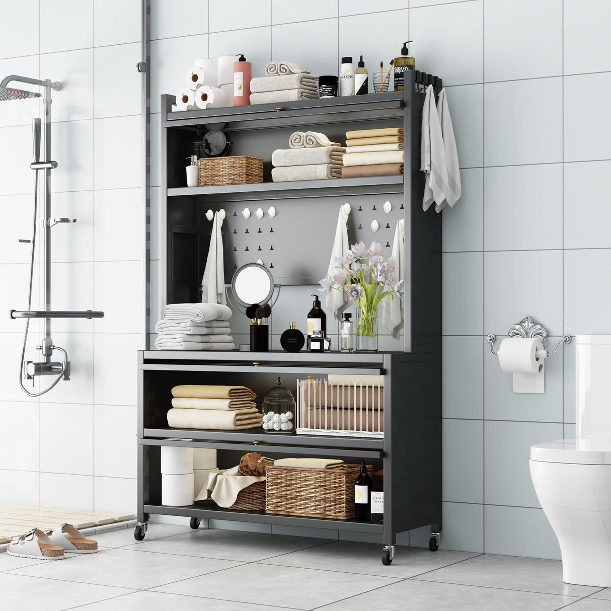 5 Tier 63" Metal Kitchen Storage Cabinets with 10 Hooks,Microwave Stand,Kitchen Storage Rack for Home, Office,Pantry White Wohh