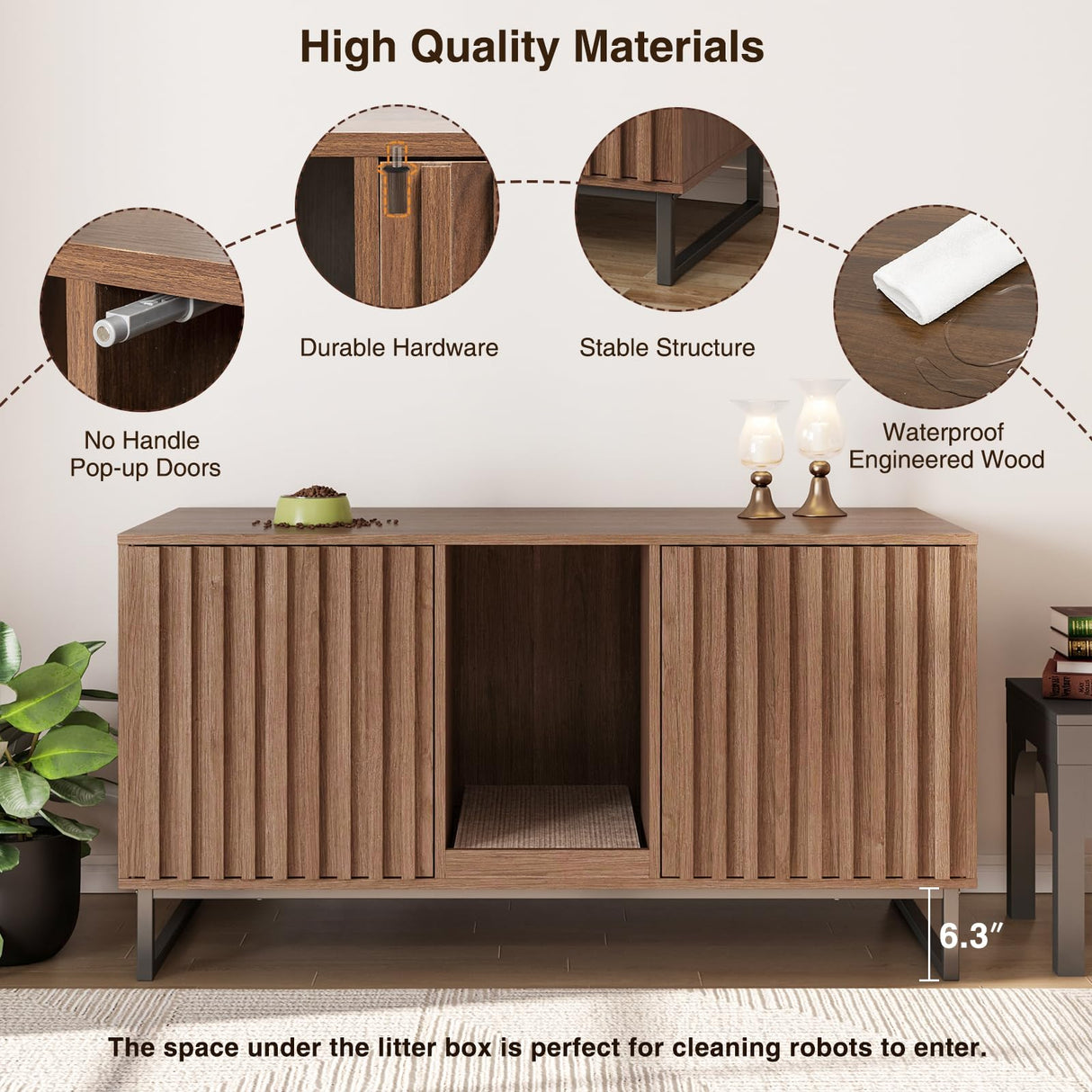 Vabches 47.2” Large Cat Litter Box Enclosure with Scratch Pad, Double Hidden Wooden Indoor Cat House, TV Stand Side Table Pet Washroom Furniture for 2 Cats, Walnut Vabches