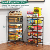 OKZEST Fruit Basket, 5-Tier Utility Kitchen Organizer and Storage Cart with Pull-Out Baskets and Wood Top, Rolling Pantry Kitchen Cart on Wheels for Fruit Potato Onion Vegetable Snack Produce OKZEST