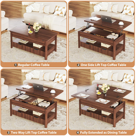 HUAHUU 40" Lift Top Coffee Table, 4 in 1 Square Coffee Table with Storage Shelf & 2 Drawers, Modern Coffee Tables with Lift Tabletop, Converts to Dining Table for Living Room, Home Office, Walnut HUAHUU