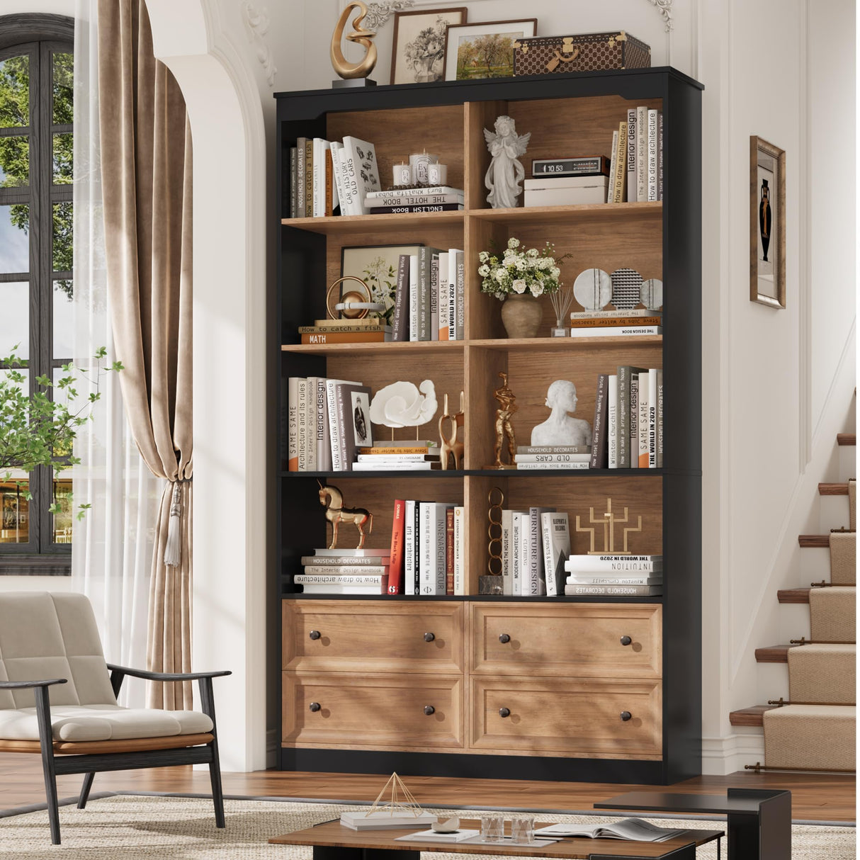 FINETONES 71" Tall Bookshelf with 4 Drawers, 6-Tier Double Wide Bookshelves and Bookcases with Storage, Tall Bookshelf Large Standing Book Cabinet for Home Office, Brown/Black FINETONES