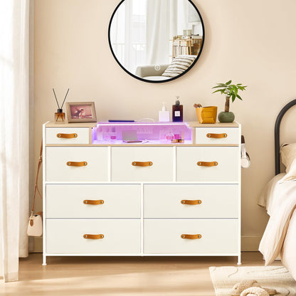 SANGMUCEN White Dresser for Bedroom, Chest of Drawers with LED Light and Charging Station, 9 Fabric Drawers Tall Wide Dresser for Organizer Cabinet Bedroom,Living Room,Hallway, Entryway, Bedroom