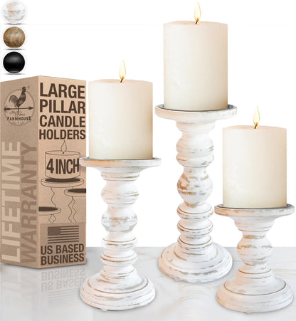 Wood Candle Holders for Pillar Candles (Set of 3) Tall Large Rustic Pillar Candlestick Stands - Fits Both 4 inch and 3 inch Wide Pillar Candles - Modern Farmhouse Decor (Antique White)