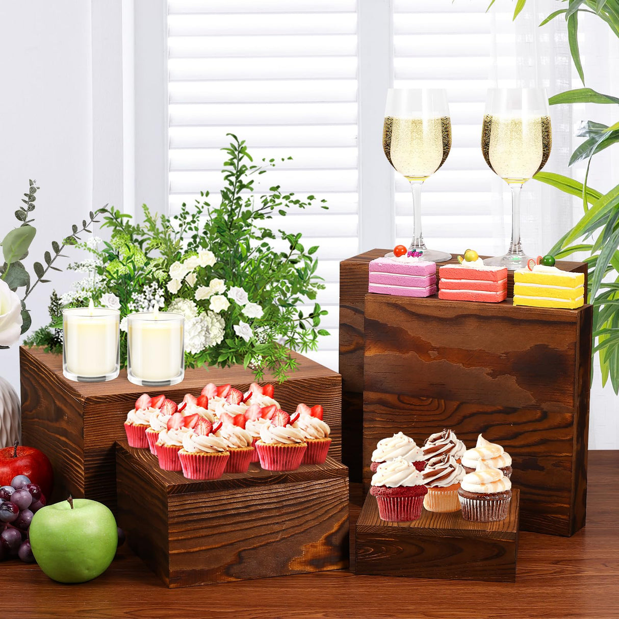6 Pack Wooden Risers Display Stands Square Buffet Risers for Party Wood Cake Stands Rustic Cupcake Stands Wooden Crates for Display Wood Risers for Decor Wooden Food Display Risers Nesting Risers LEIFEOSH