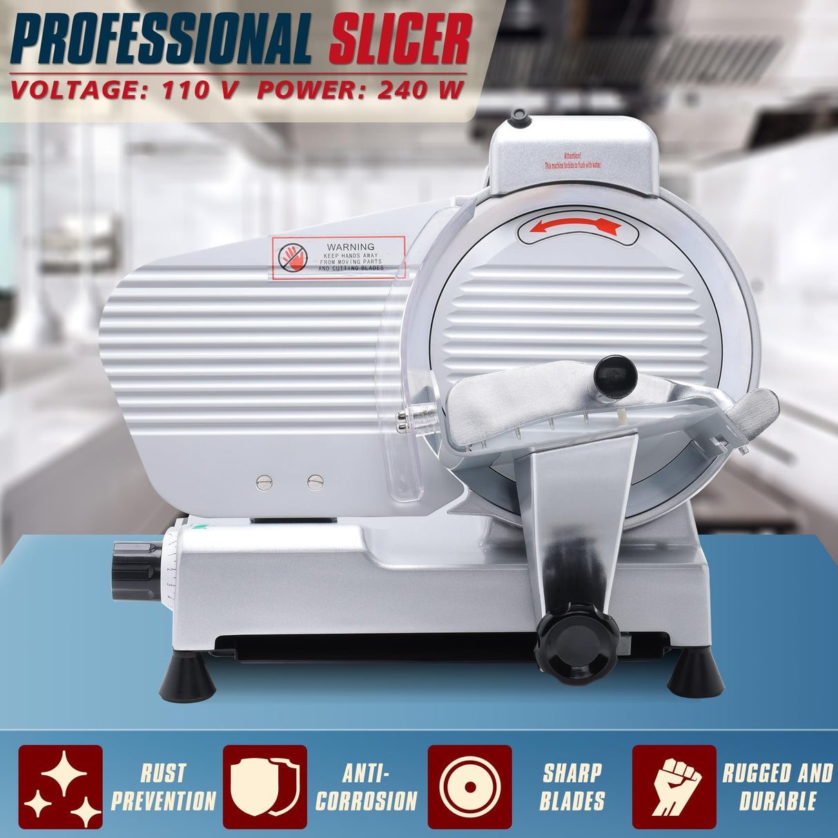 BIEAMA Commercial Meat Slicer, 10" Electric Food Slicer, 240W Premium Chromium-plated Steel Blades Adjustable Thickness 0-12mm Deli Meat Slicer Machine for Home BIEAMA