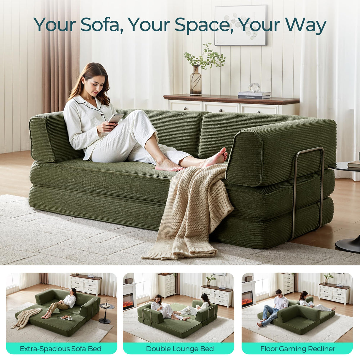 LINSY HOME 79'' Convertible Sofa Bed - Boneless Compression Sofa Folding Loveseat Sleeper - Foldable Corduroy Couch Bed for Living Room Bedroom - Modular Sectional Compressed Sofa in Box, Green LINSY HOME