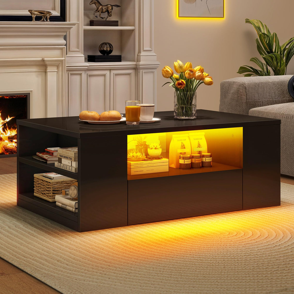 DWVO LED Modern Coffee Tables for Living Room, High Gloss Black Coffee Table with Storage, Small Wood Center Coffee Table with Open Side Shelf and 2 Sliding Drawers, Black DWVO
