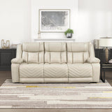 Lexicon Wall Hugger Power Double Reclining Sofa with Center Drop-Down Table, Faux Leather Home Theater Seating with LED Lighting/USB Charging Ports/Wireless Charger/Cup Holders, Magazine Pocket, Beige Lexicon