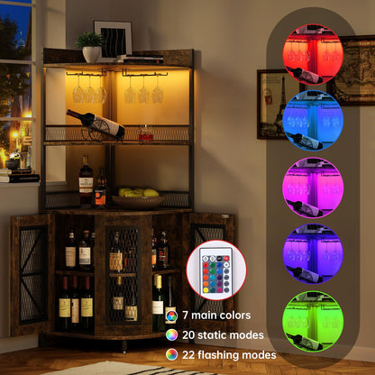 Corner Bar Cabinet with Charge Oult, 5-Tiers Wine Cabinet with LED Light and Glass Holder, Tall Home Liquor Cabinet for Living Room, Corner Display Cabinet for Home