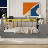 MaiDeHaoo Full Size Daybed with Storage Shelves and Upholstered Headboard, Corner Bed Frame with L-Shaped Bookcase, Drawers and Charging Station, Captains Bedframe with LED Light and Backrest, Grey MaiDeHaoo