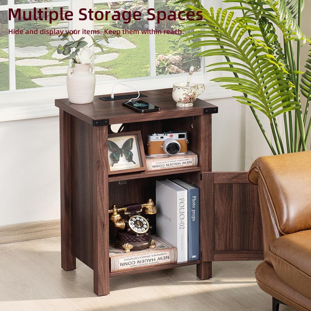 Joaxswe Night Stand Set of 2, 18 Inch Farmhouse Nightstand with with Charging Station and USB Port, Rustic Wood Bedside Table with Magnetic Door, Bed Side Tables for Bedroom, Brown Walnut Joaxswe