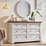 Farmhouse 6 Drawers Dresser for Bedroom, 54" Wide Large Dressers & Chests of Drawers w/Roman Column, Wooden Dresser TV Stand with Large Drawers for Nursery Bedroom Living Room Hallway, Antique White T4TREAM