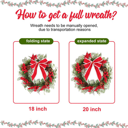 N&T NIETING 20 in Artificial Christmas Wreath for Front Door, Pre-lit Wreaths with Red Bow, Outdoor Christmas Wreaths with Lights Wreath Decorations for Kitchen Wall Home Holiday Xmas Decor