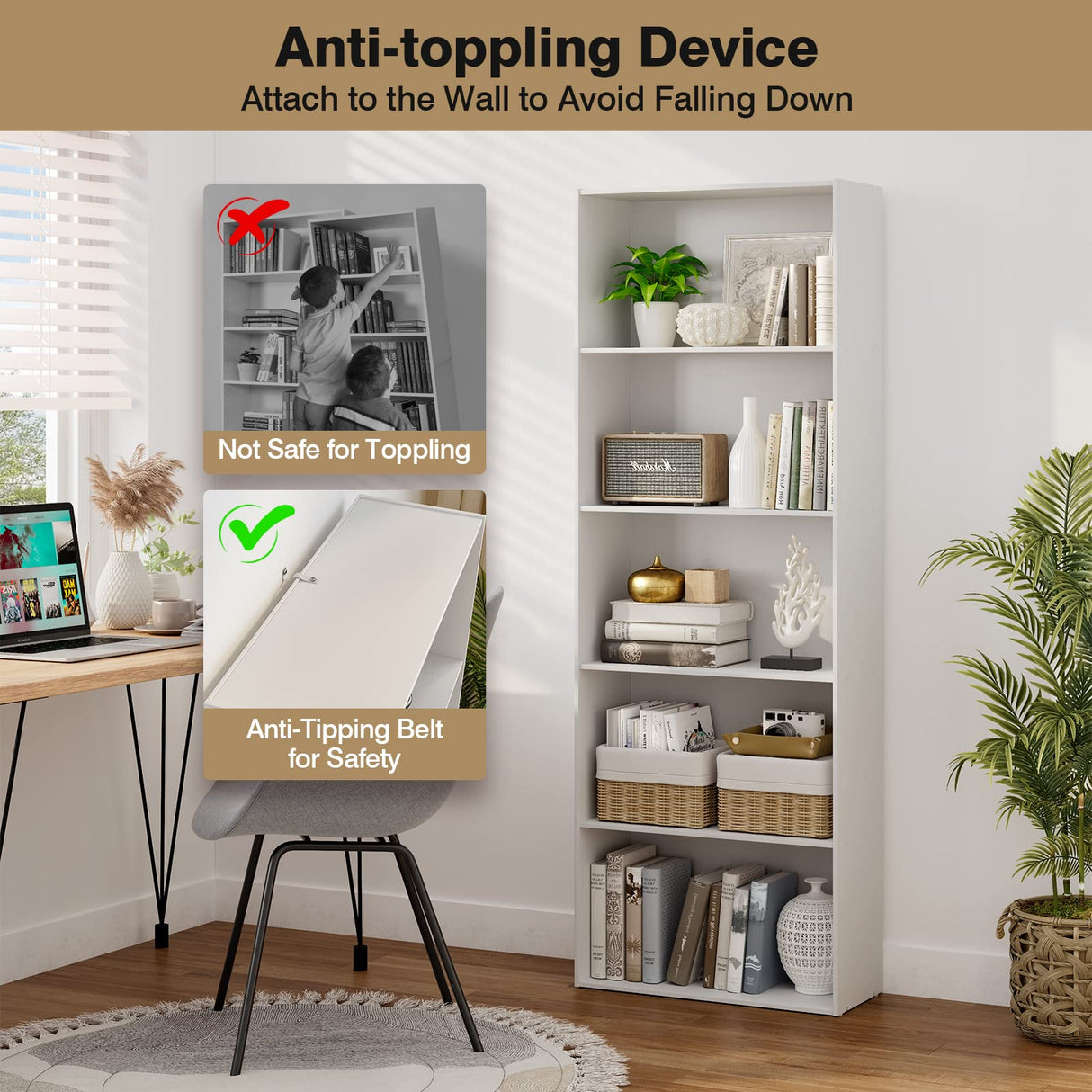 Tangkula 5-Shelf Bookcase, 23.5''L x 9.5''W x 67''H, Multi-Functional Wood Storage Display Open Bookshelf for Home Office (White) Tangkula