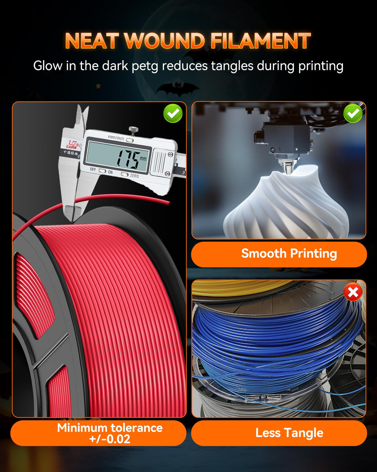 TECBEARS Glow in The Dark Petg Filament，Neatly Wound 3D Printer Filament Bundle，250g/Spool, 8 Packs (2 Spool of Black Petg and 6 Spool of Glowing Blue/Green/Red/Yellow) TECBEARS