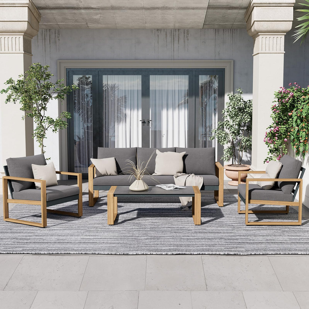 Grand patio Outdoor 4-Piece Modern Aluminum Patio Furniture Sets 5 Person Conversation Set, Faux Wood Grain Finish Frame Sofa with Removable Olefin Extra Thick Cushions and Coffee Table for Garden Grand patio