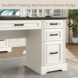 Furniouse 58" Executive Desk, Farmhouse Computer Desk with Drawers and Cabinet with Charging Station, Wooden Home Office Desk, Workspace for Work Study Writing, Brown Tabletop, Off White Furniouse