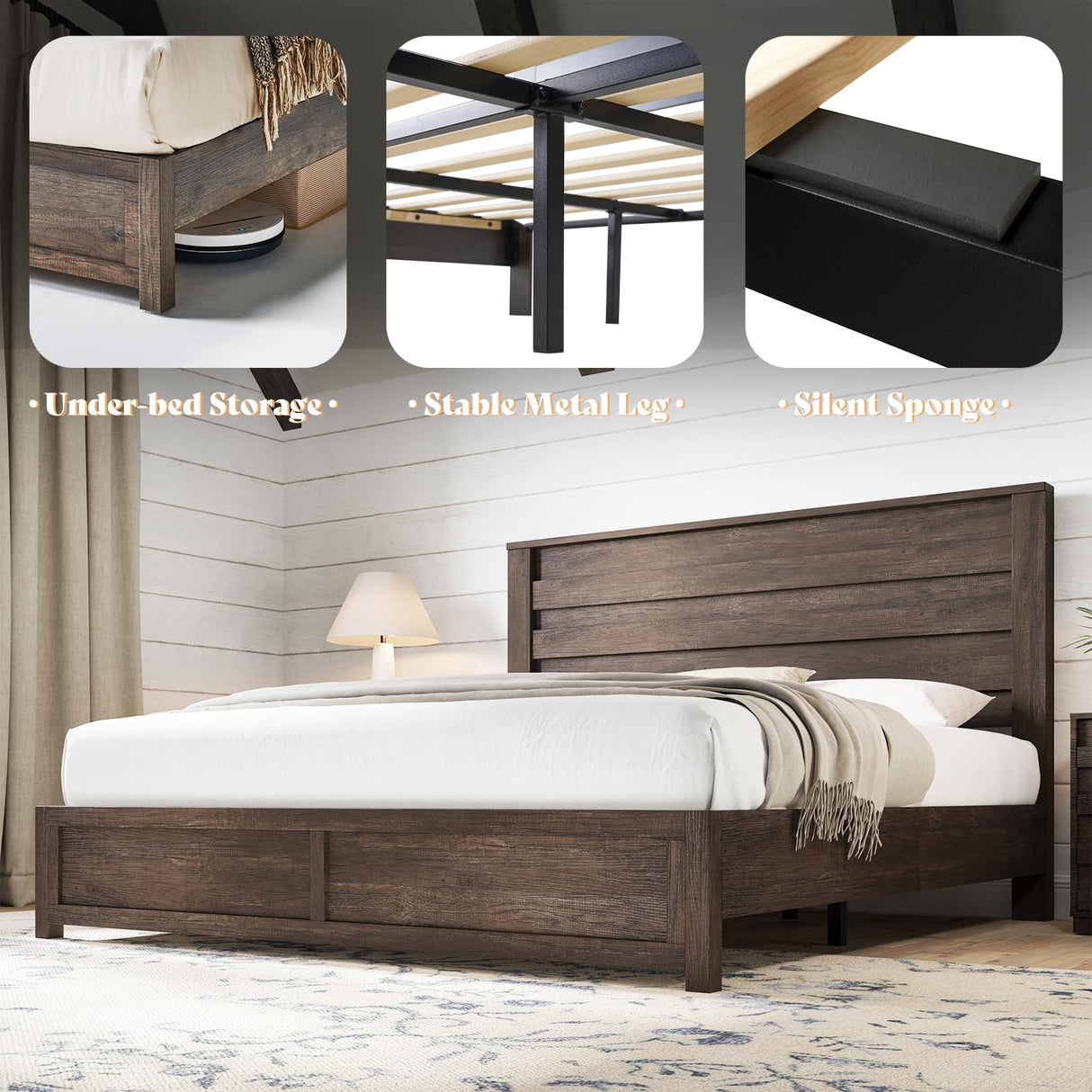 AMERLIFE Farmhouse King Size Bed Frame with 49" Fluted Headboard, Wood Platform Bed with Natural Grain, No Box Spring Needed/Noise Free, Gray AMERLIFE