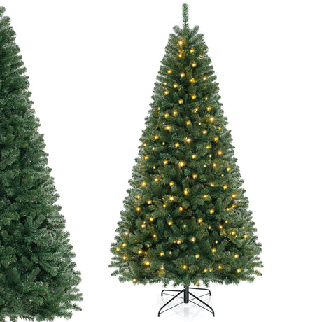 DORTALA 8FT Pre-Lit Christmas Tree Green, Hinged Artificial Xmas Tree with 400 Warm White LED Lights, 8 Lighting Modes, 1182 Branch Tips and Metal Stand, for Home Office Party DORTALA