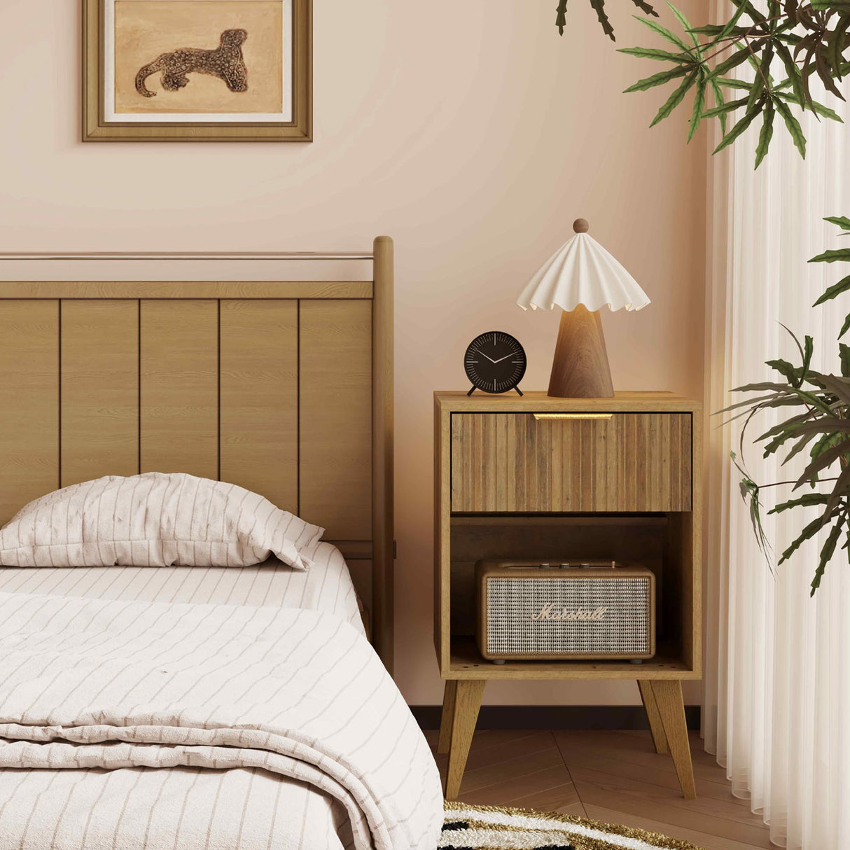 YAUKOMEL Fluted Night Stand with Opening Storage,Mid Century Bedside Table with Drawer,Wood Nightstand with Solid Wood Legs,End Table Side Table for Living Room,Bedroom,Caramel Oak CTG56BR YAUKOMEL