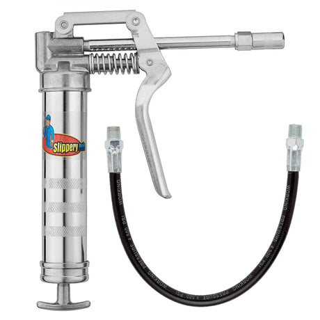 Slippery Pete Mini Pistol Grip Grease Gun. Heavy Duty Design for 3oz Cartridges. 12 inch Flexible Hose and 5 inch Rigid Extension Pipe Slippery Pete
