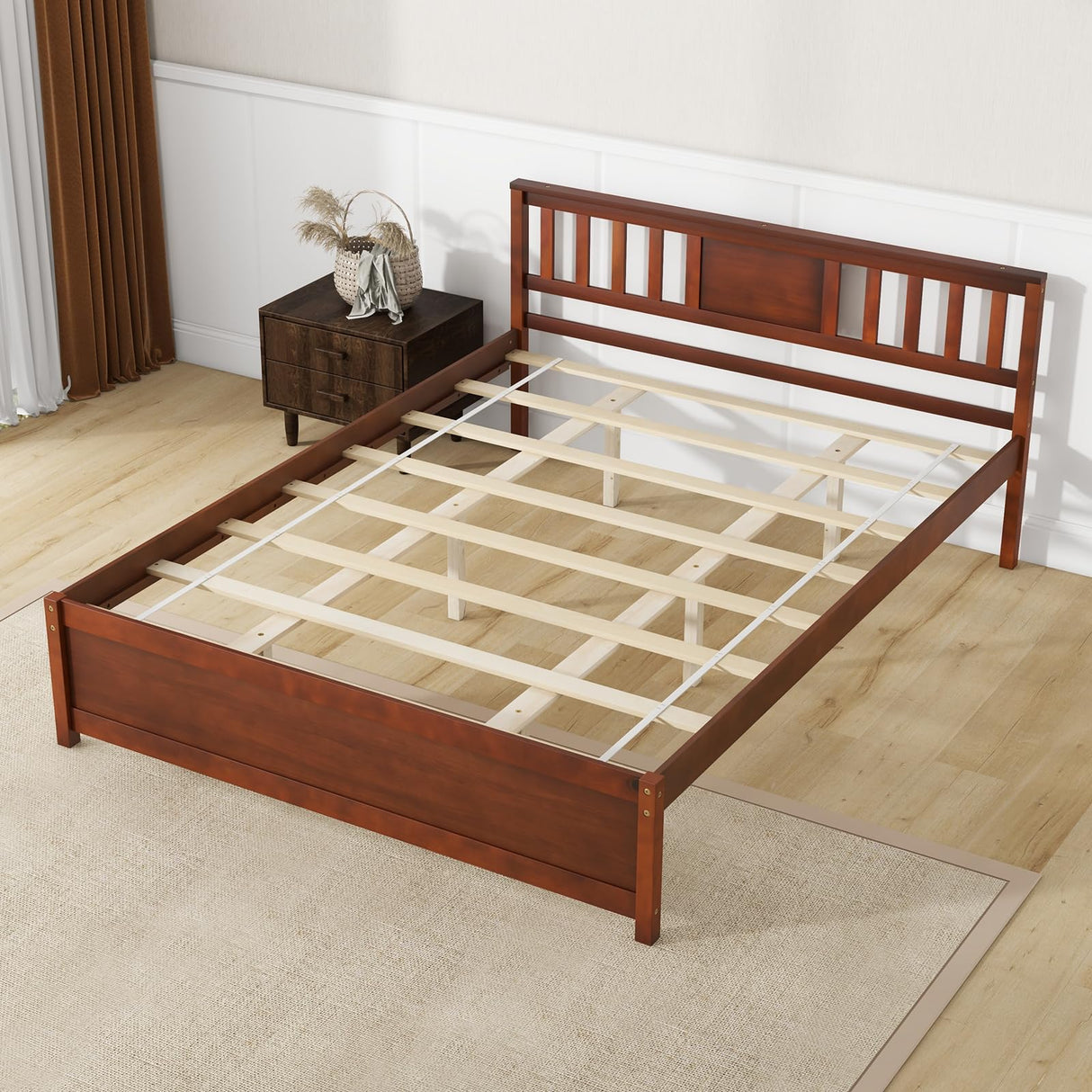 Giantex Mid Century Walnut Queen Size Solid Wood Platform Bed Frame with Headboard and Slat Support Giantex