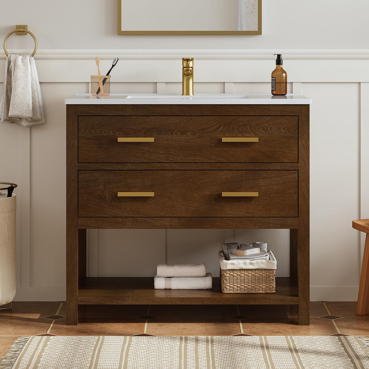 DELUXE LIVING 36 Inch Bathroom Vanity with Sink, Farmhouse Storage Cabinet with Drawers & Open Storage Shelf, Easy Assembly, Adjustable Feet, Walnut DELUXE LIVING
